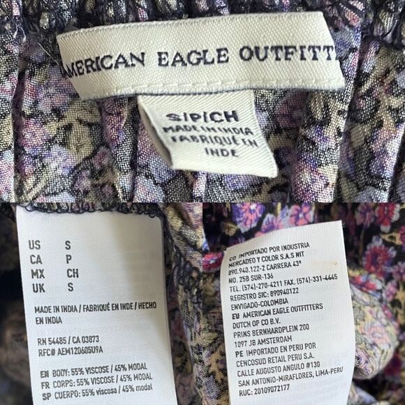 AEO Boho Floral Print Blouse Ruffle Black Purple S - Picture 4 of 4